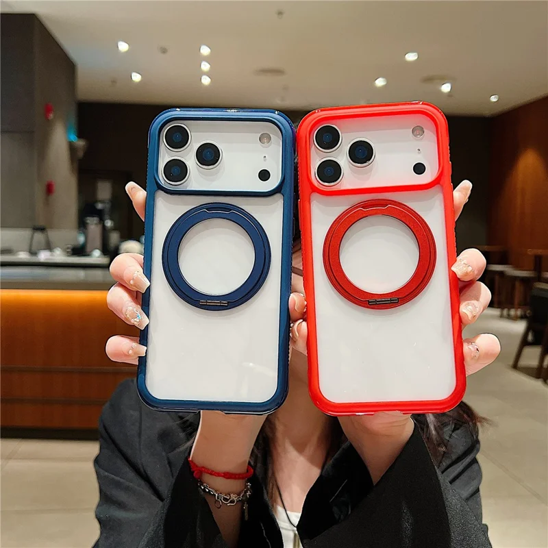 For iPhone 17 Pro Magnetic Case Stress Relief Kickstand TPU + PC Transparent Protective Phone Cover - Red