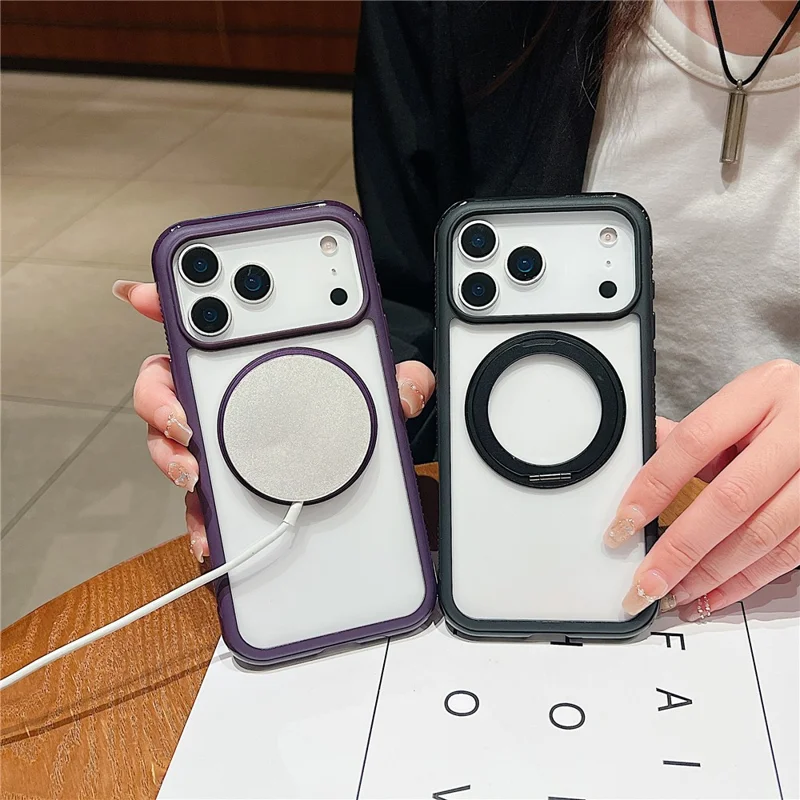 For iPhone 17 Pro Magnetic Case Stress Relief Kickstand TPU + PC Transparent Protective Phone Cover - Red