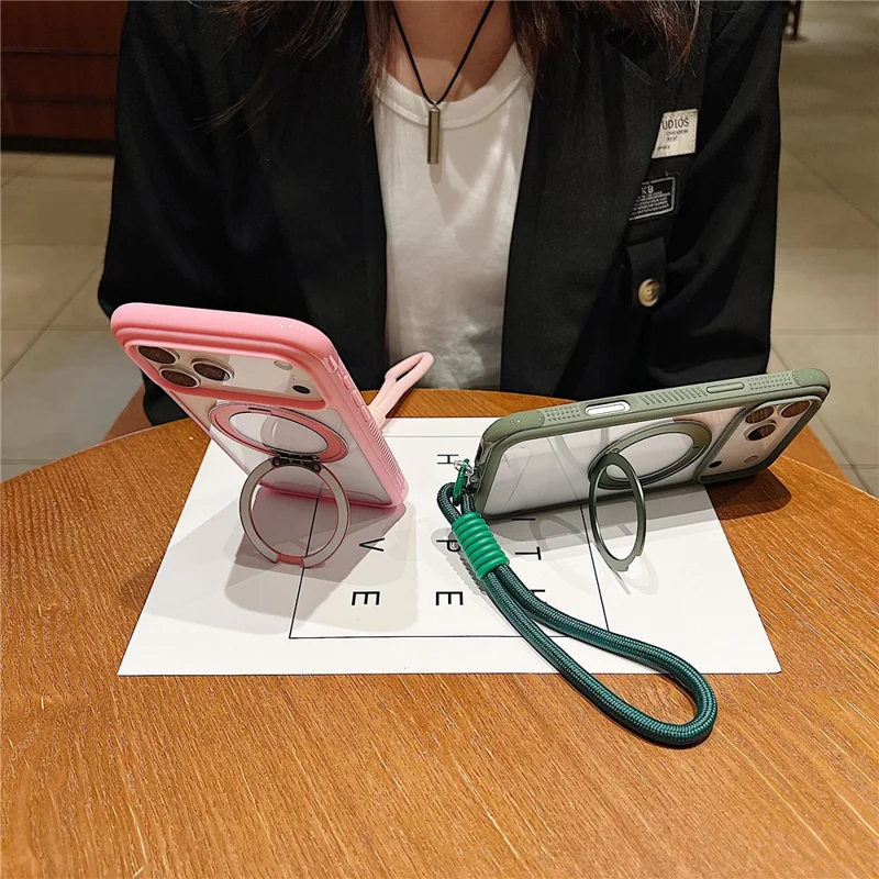 For iPhone 17 Pro Magnetic Case Stress Relief Kickstand TPU + PC Transparent Phone Cover with Wrist Strap - Army Green