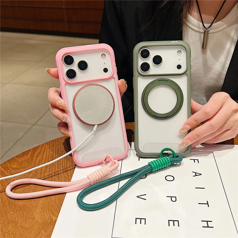 For iPhone 17 Pro Magnetic Case Stress Relief Kickstand TPU + PC Transparent Phone Cover with Wrist Strap - Army Green