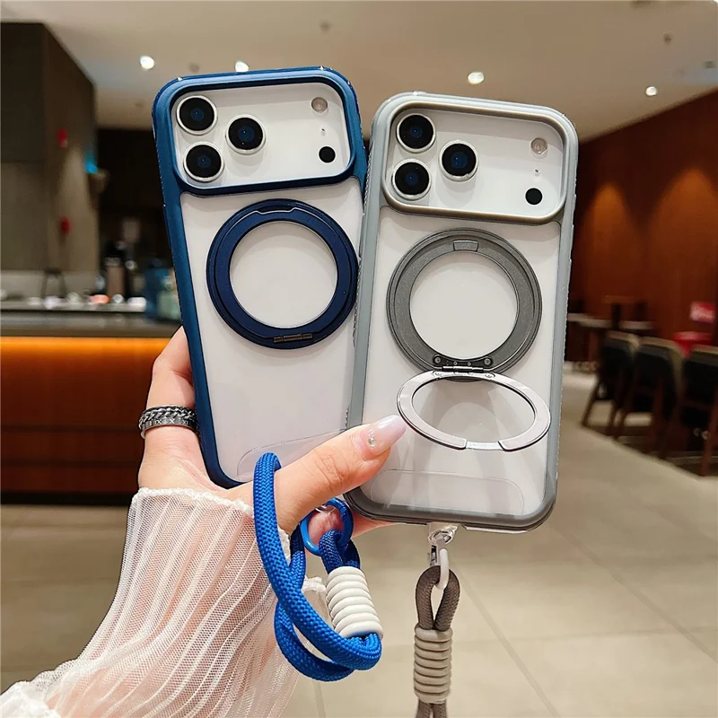 For iPhone 17 Pro Magnetic Case Stress Relief Kickstand TPU + PC Transparent Phone Cover with Wrist Strap - Army Green