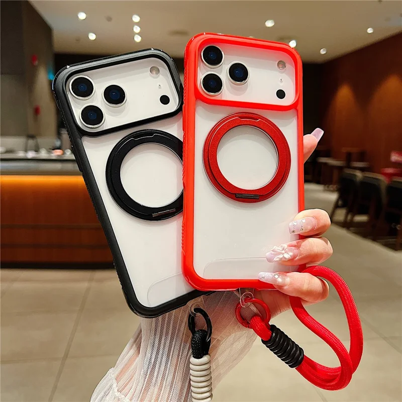 For iPhone 17 Pro Max Magnetic Case Stress Relief Kickstand TPU + PC Transparent Phone Cover with Wrist Strap - Army Green