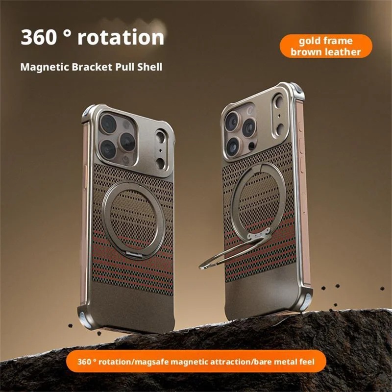 For iPhone 15 Pro Max Magnetic Case Borderless Carbon Fiber Texture PU Metal Phone Cover with Kickstand - Sunset