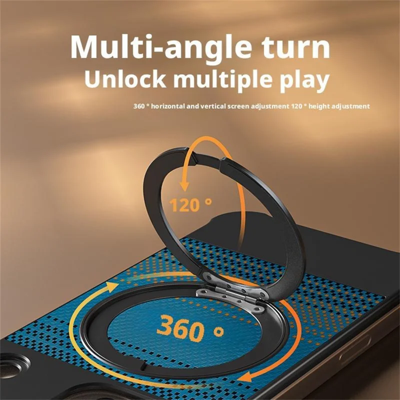 For iPhone 15 Pro Max Magnetic Case Borderless Carbon Fiber Texture PU Metal Phone Cover with Kickstand - Sunset