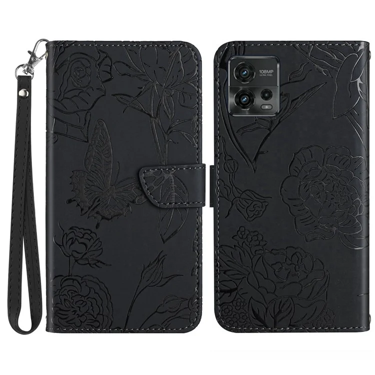 Para Motorola Moto G72 4G HT03 Pula Touct PU Flip Flip Cover Soporte de Cierre Magnético Diseño de Flores de Mariposa Impresa Caja de Teléfono Con Correa - Negro