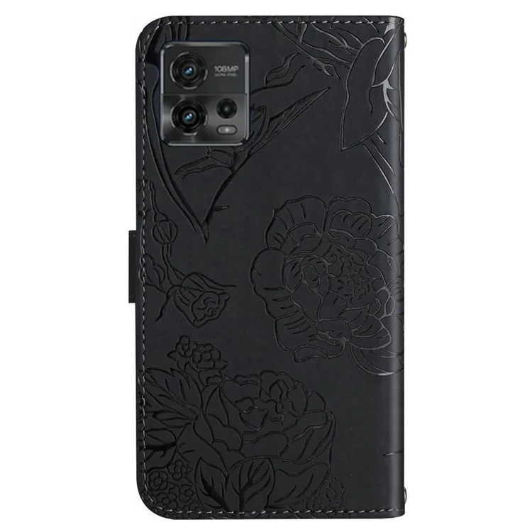 Para Motorola Moto G72 4G HT03 Pula Touct PU Flip Flip Cover Soporte de Cierre Magnético Diseño de Flores de Mariposa Impresa Caja de Teléfono Con Correa - Negro