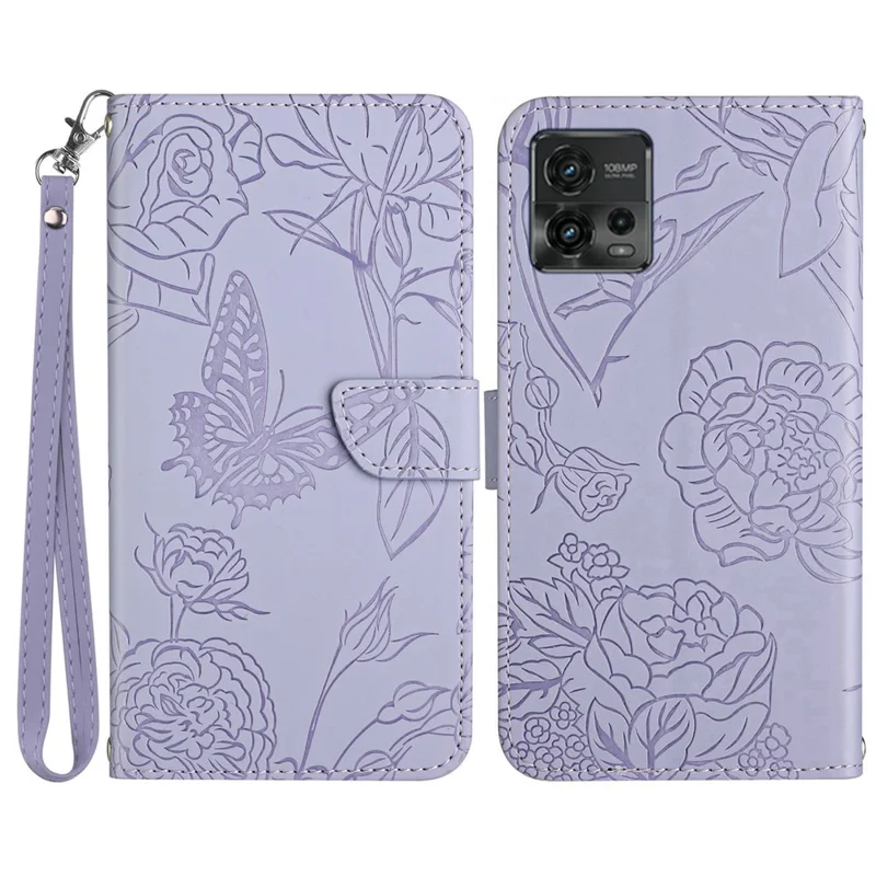 Per Motorola Moto G72 4G HT03 Pelle PU Skin-touch Flip Wallet Cover Chiusura magnetica Design Supporto Motivo farfalle e fiori Custodia per telefono con Cordino - Viola chiaro
