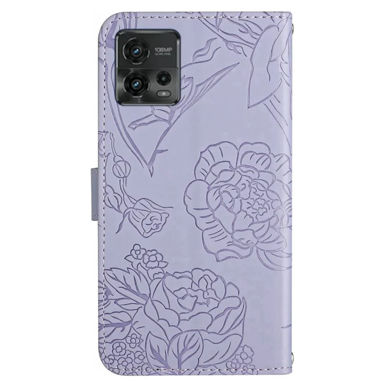 Per Motorola Moto G72 4G HT03 Pelle PU Skin-touch Flip Wallet Cover Chiusura magnetica Design Supporto Motivo farfalle e fiori Custodia per telefono con Cordino - Viola chiaro