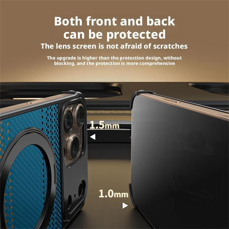 For iPhone 14 Pro Max Magnetic Case Borderless Carbon Fiber Texture PU Metal Phone Cover with Kickstand - Moonrise