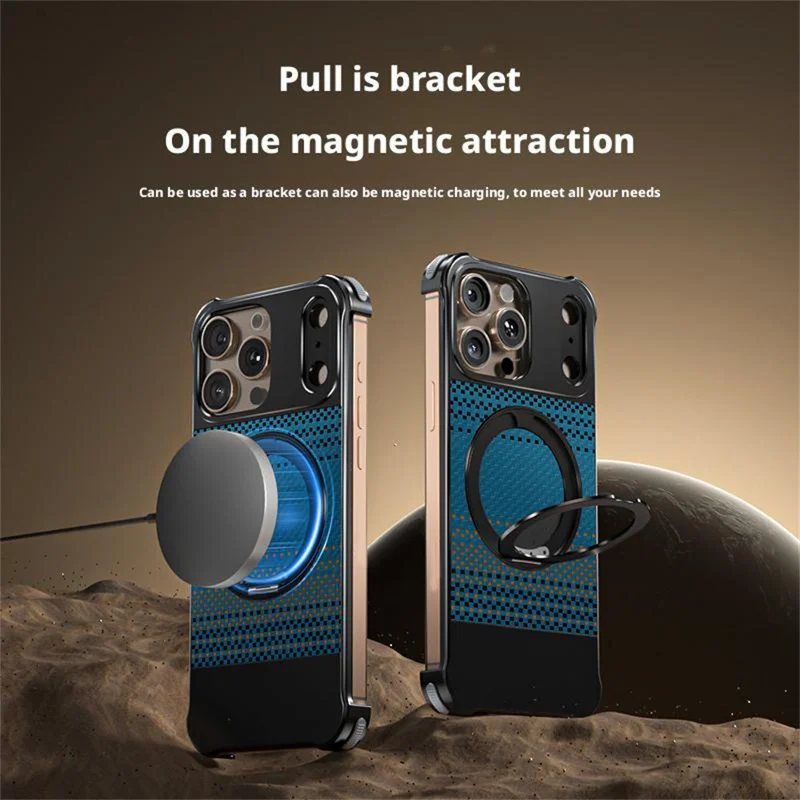 For iPhone 14 Pro Max Magnetic Case Borderless Carbon Fiber Texture PU Metal Phone Cover with Kickstand - Moonrise