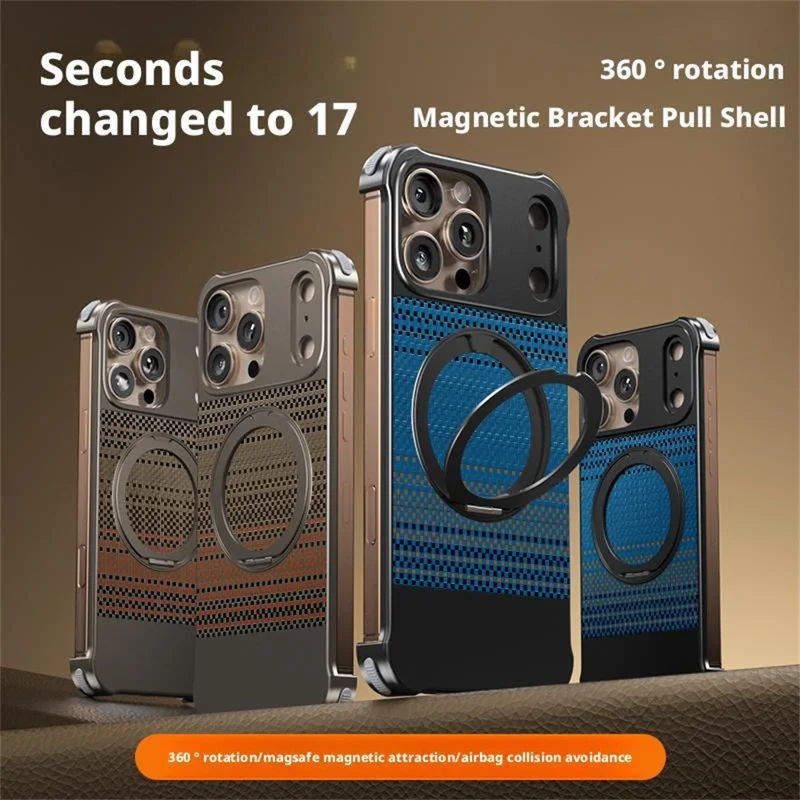 For iPhone 14 Pro Max Magnetic Case Borderless Carbon Fiber Texture PU Metal Phone Cover with Kickstand - Moonrise