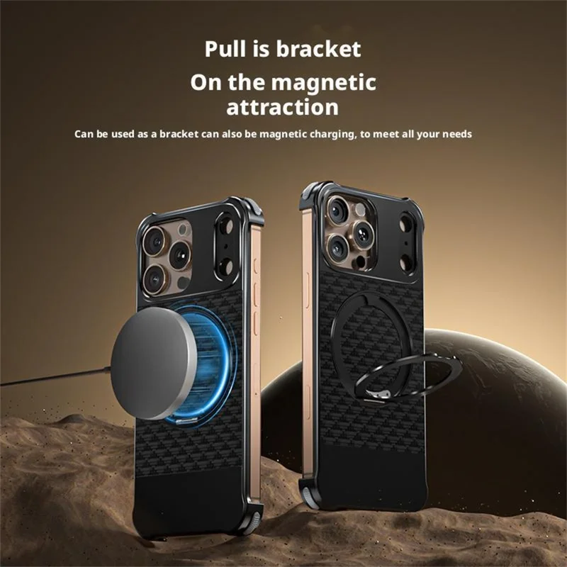 For iPhone 16 Pro Max Magnetic Case Borderless Textured PU + Metal Kickstand Phone Cover - Black