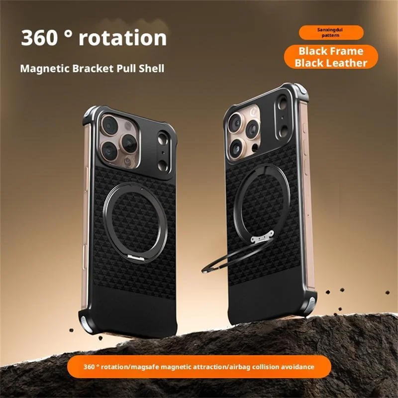 For iPhone 15 Pro Max Magnetic Case Borderless Textured PU + Metal Kickstand Phone Cover - Black