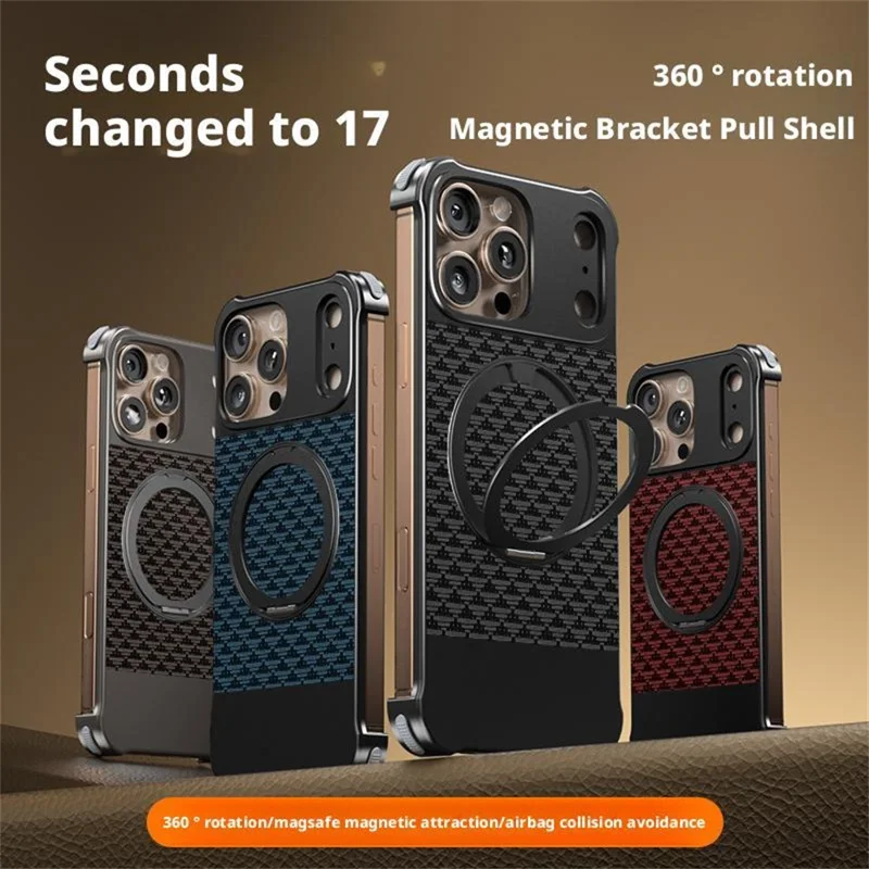 For iPhone 15 Pro Max Magnetic Case Borderless Textured PU + Metal Kickstand Phone Cover - Black