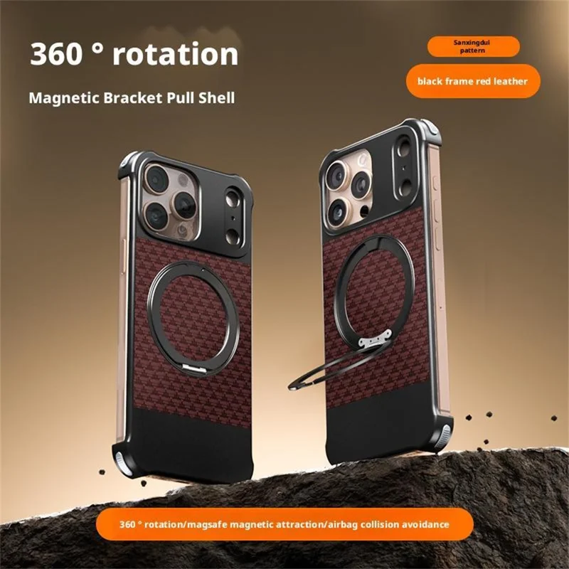 For iPhone 15 Pro Max Magnetic Case Borderless Textured PU + Metal Kickstand Phone Cover - Red
