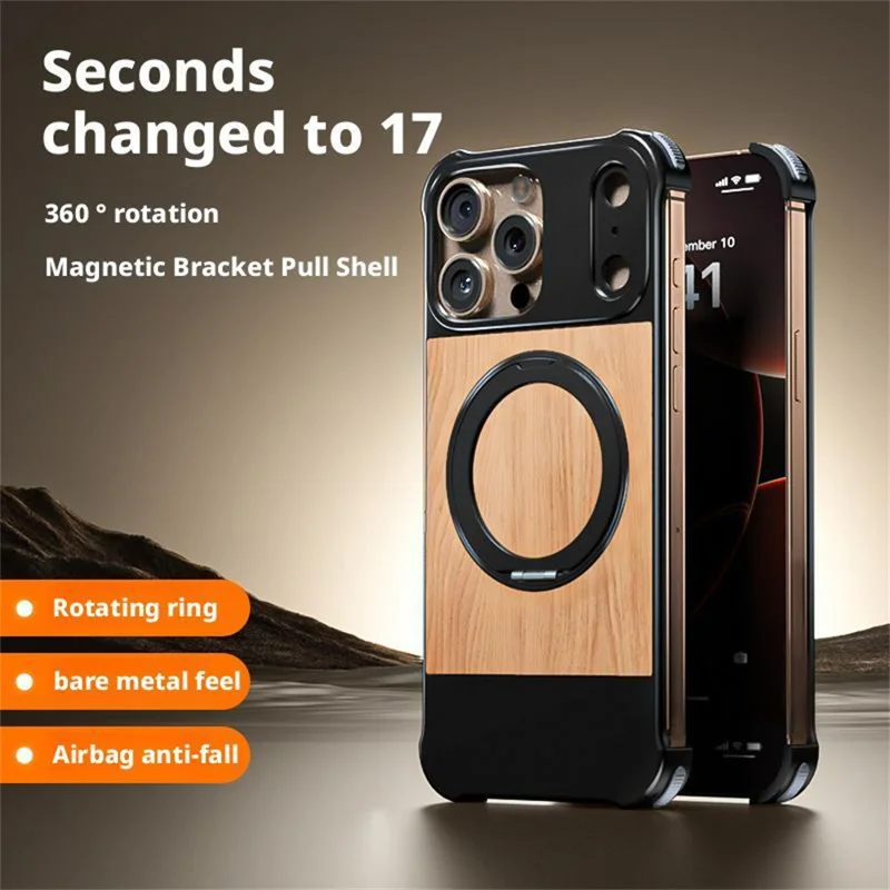 For iPhone 15 Pro Max Magnetic Case Borderless Walnut + Metal Kickstand Phone Cover - Light Wood Grain