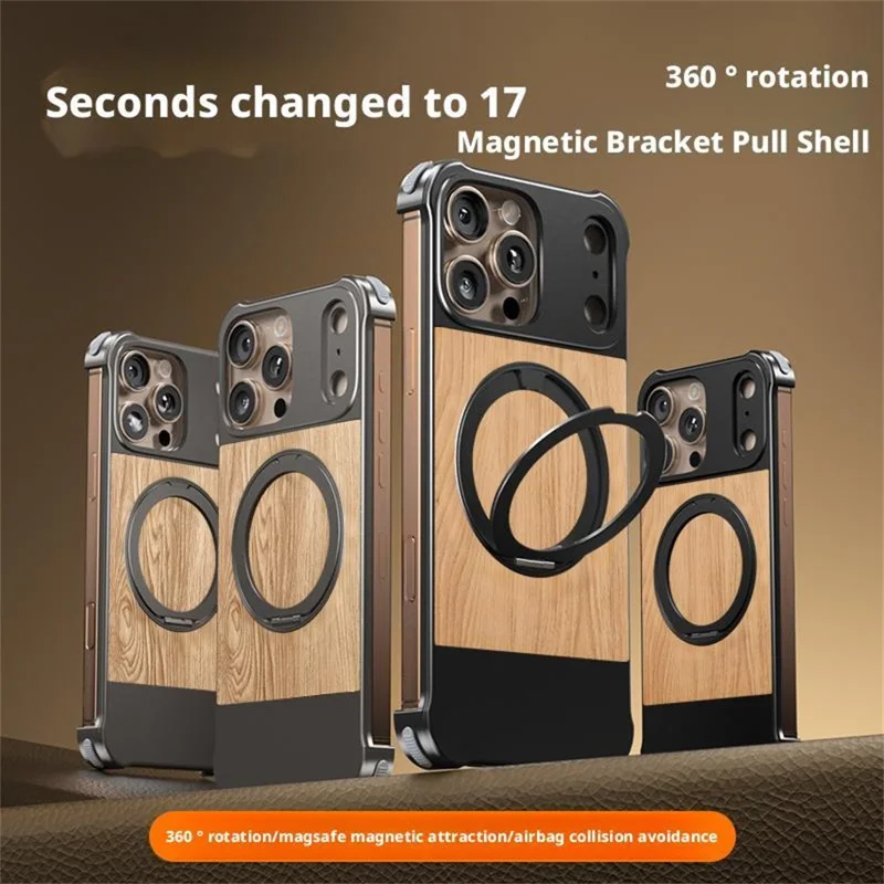 For iPhone 15 Pro Max Magnetic Case Borderless Walnut + Metal Kickstand Phone Cover - Light Wood Grain