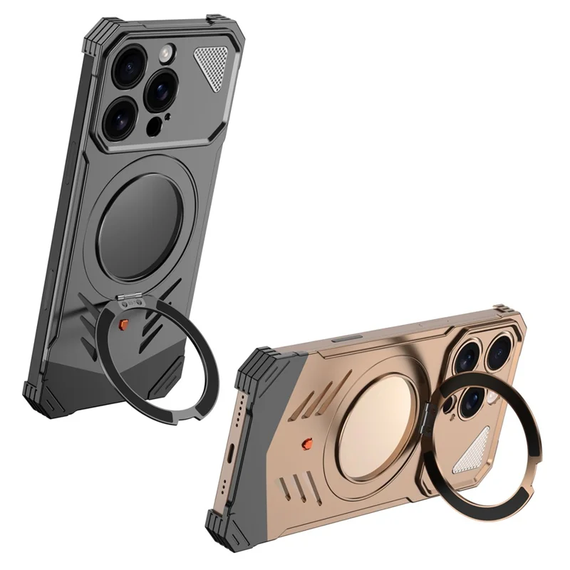 DYONG For iPhone 16 Pro Max Metal Case Frameless Hollow Heat Dissipation Phone Cover with Kickstand - Titanium Gold