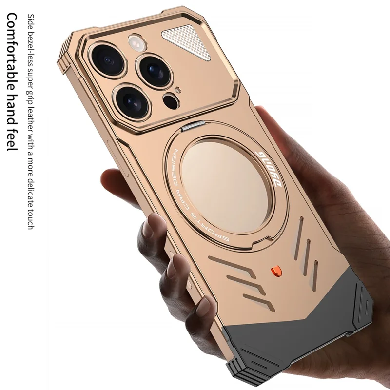 DYONG For iPhone 16 Pro Max Metal Case Frameless Hollow Heat Dissipation Phone Cover with Kickstand - Titanium Gold