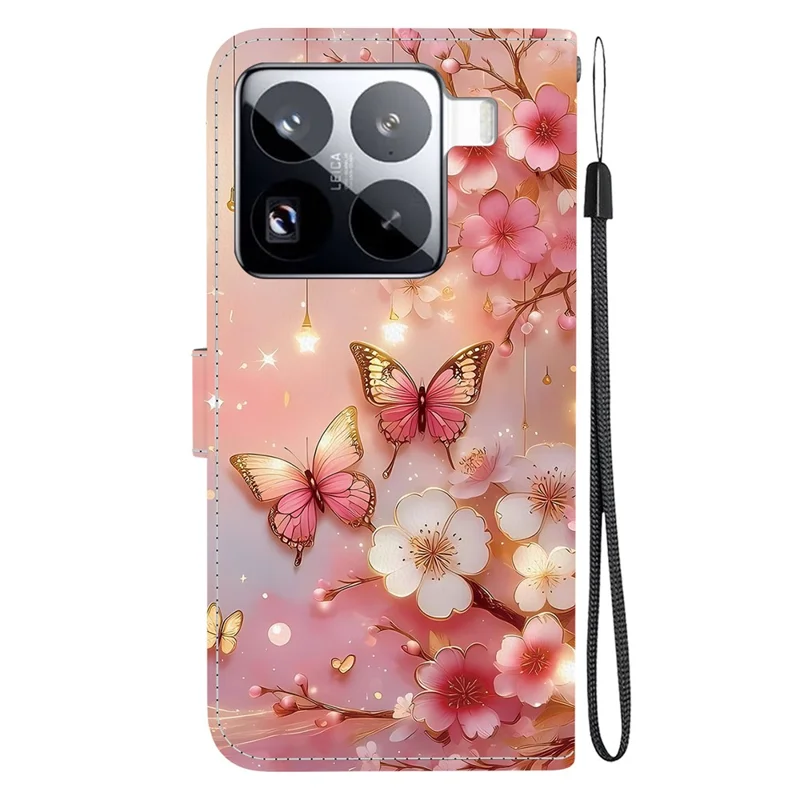Чехол для Xiaomi 15 Pro из кожи с подставкой и бумажником, с рисунком в виде фонаря и бабочки, с ремешком на запястье