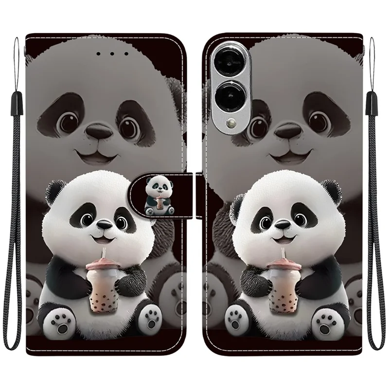 For Samsung Galaxy S25 Edge Leather Case Stand Wallet Pattern Printing Phone Cover with Wrist Strap - Milk Tea Panda