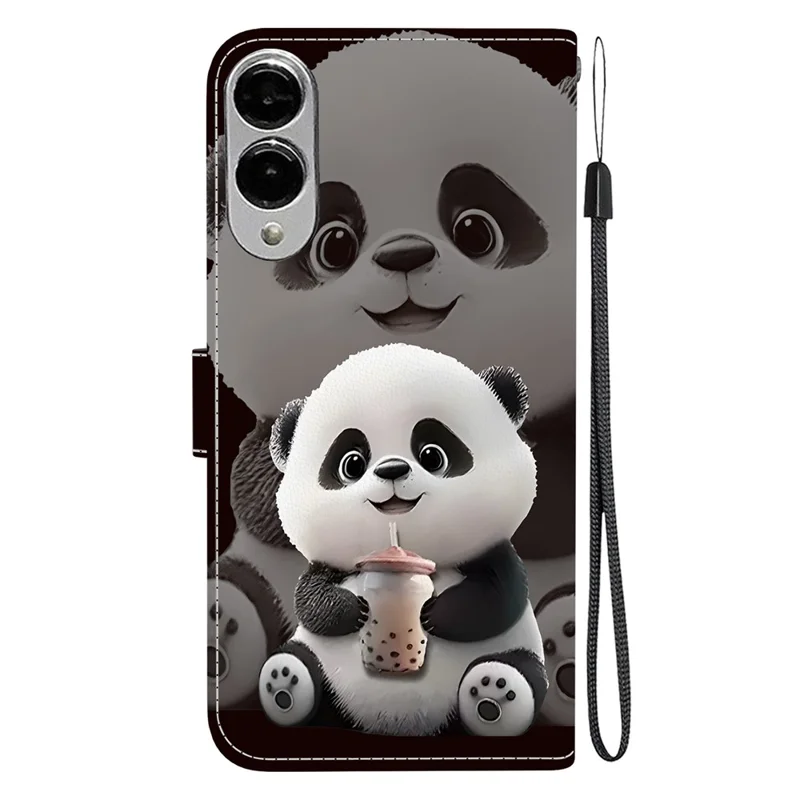 For Samsung Galaxy S25 Edge Leather Case Stand Wallet Pattern Printing Phone Cover with Wrist Strap - Milk Tea Panda