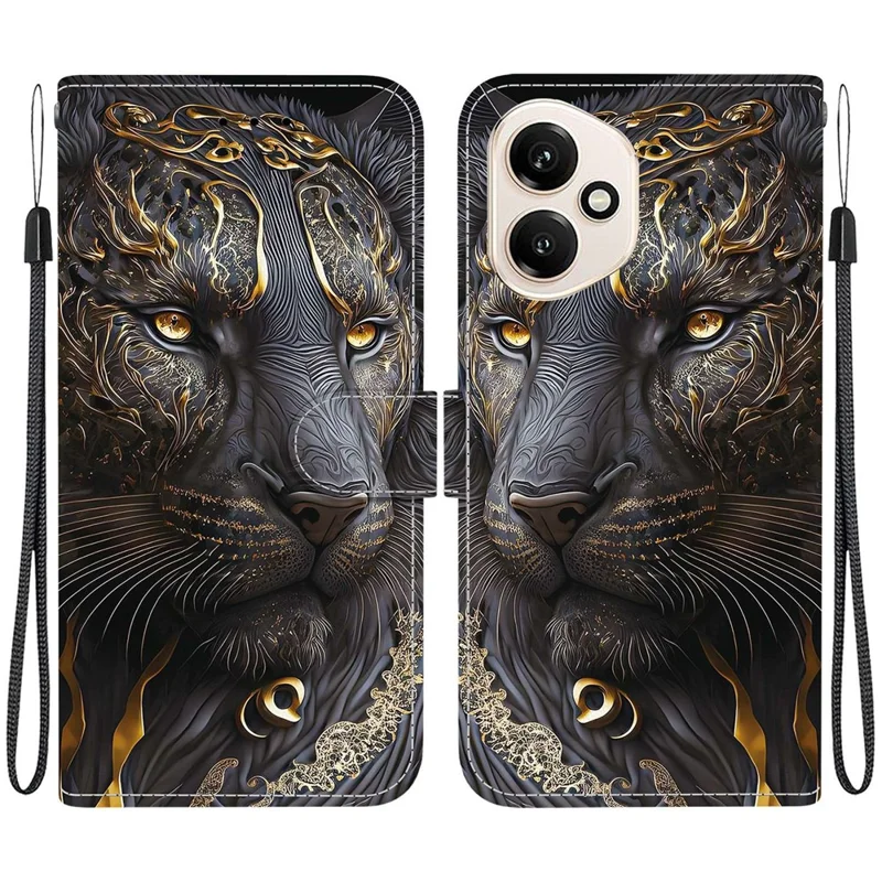 For Honor 400 5G (Global) Leather Case Stand Wallet Pattern Printing Phone Cover with Wrist Strap - Black Gold Lion