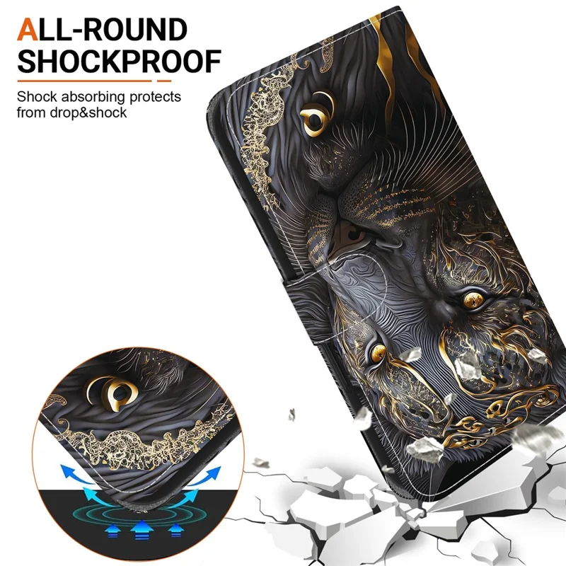 For Honor 400 5G (Global) Leather Case Stand Wallet Pattern Printing Phone Cover with Wrist Strap - Black Gold Lion