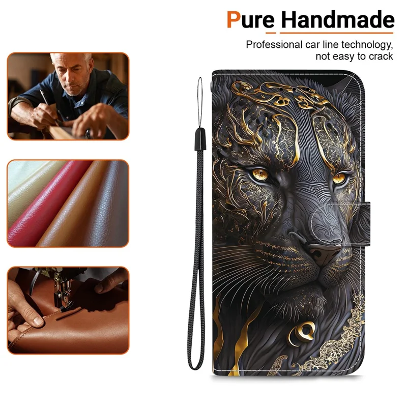 For Honor 400 5G (Global) Leather Case Stand Wallet Pattern Printing Phone Cover with Wrist Strap - Black Gold Lion