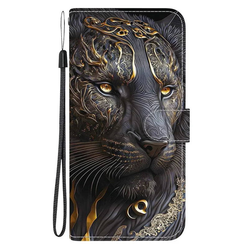 For Honor 400 5G (Global) Leather Case Stand Wallet Pattern Printing Phone Cover with Wrist Strap - Black Gold Lion