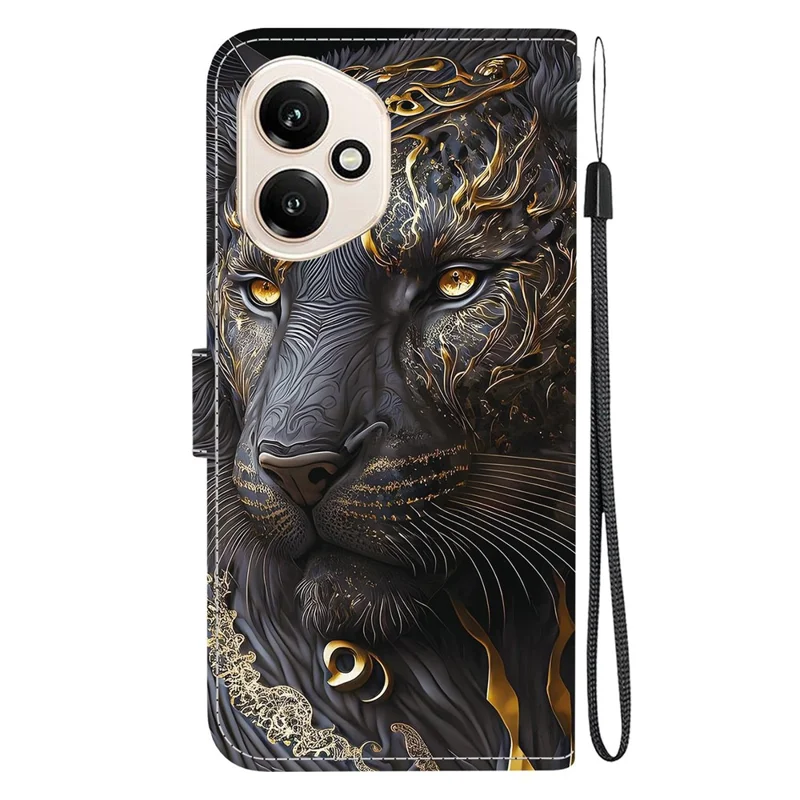 For Honor 400 5G (Global) Leather Case Stand Wallet Pattern Printing Phone Cover with Wrist Strap - Black Gold Lion