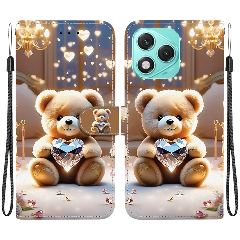 For Honor 400 Lite 5G Leather Case Stand Wallet Pattern Printing Phone Cover with Wrist Strap - Diamond Bear