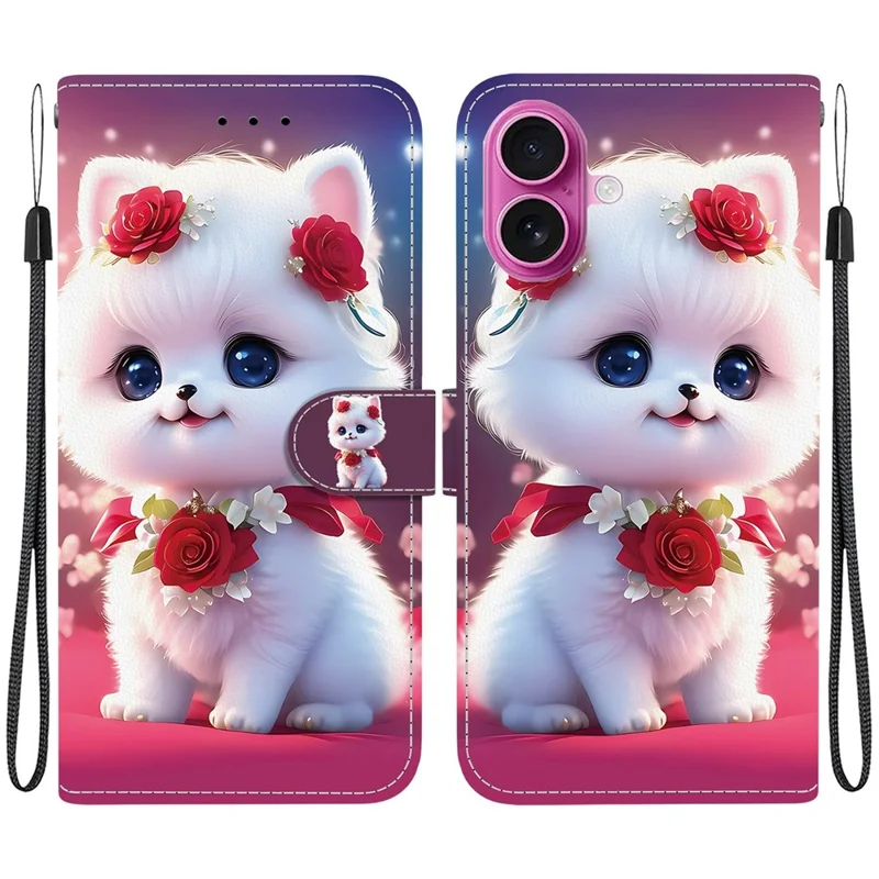 For iPhone 17 Leather Case Stand Wallet Pattern Printing Phone Cover with Wrist Strap - Rose Cat