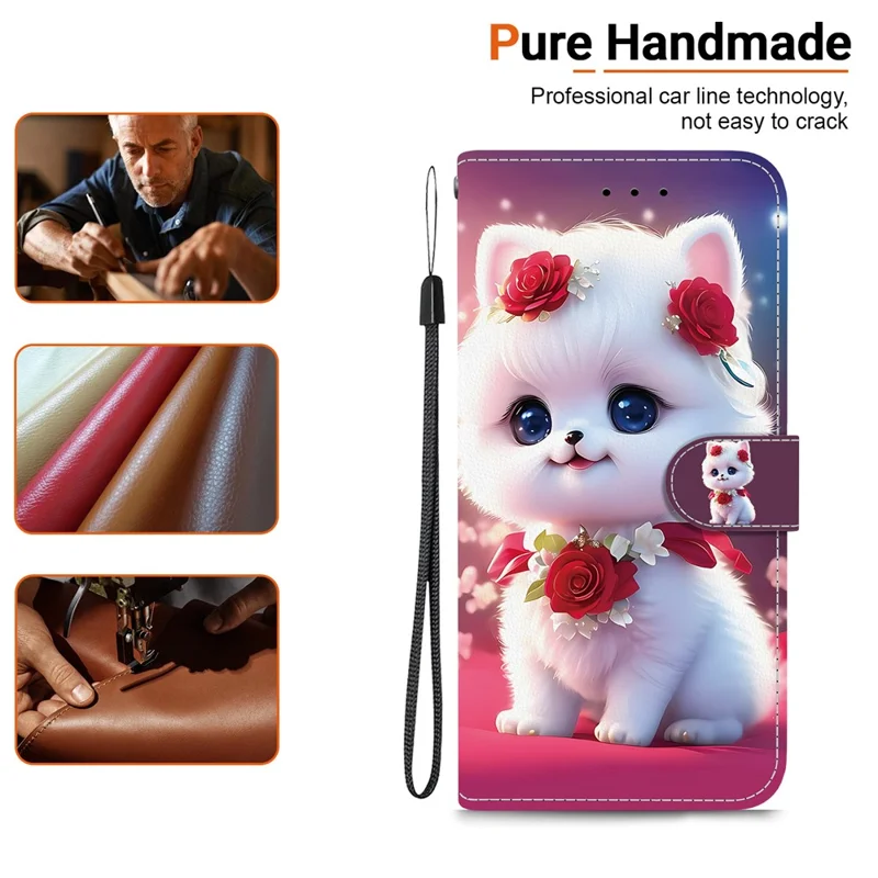 For iPhone 17 Leather Case Stand Wallet Pattern Printing Phone Cover with Wrist Strap - Rose Cat