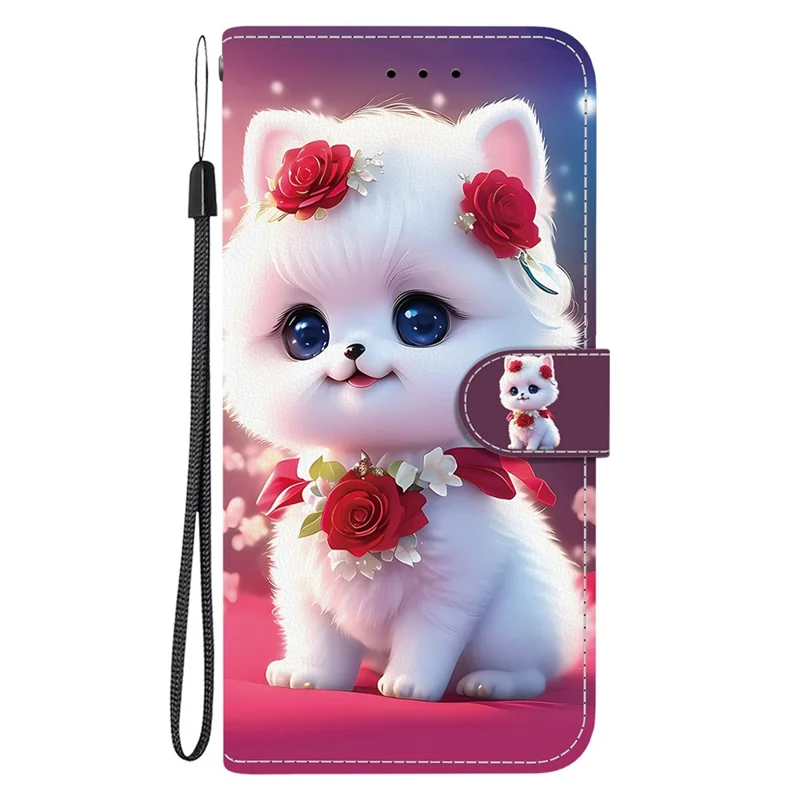 For iPhone 17 Leather Case Stand Wallet Pattern Printing Phone Cover with Wrist Strap - Rose Cat
