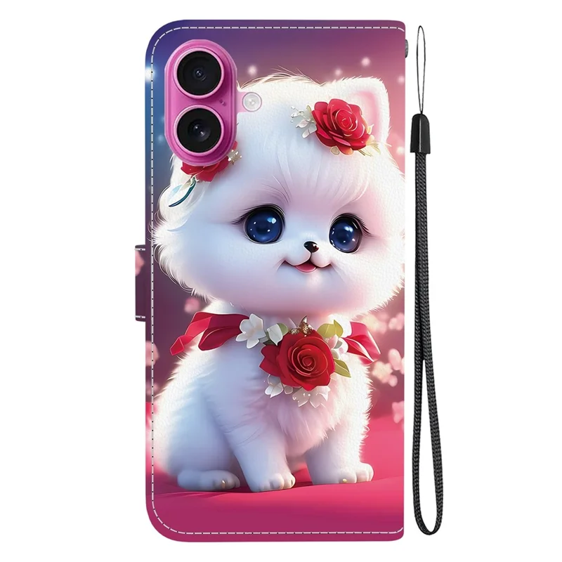 For iPhone 17 Leather Case Stand Wallet Pattern Printing Phone Cover with Wrist Strap - Rose Cat
