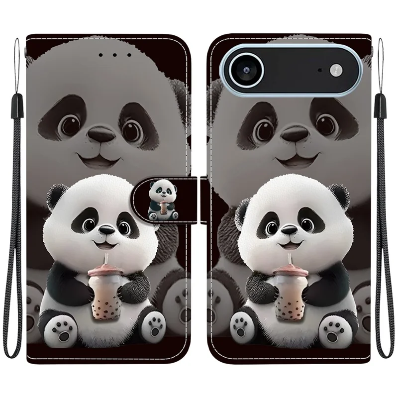 For iPhone Air Leather Case Stand Wallet Pattern Printing Phone Cover with Wrist Strap - Milk Tea Panda