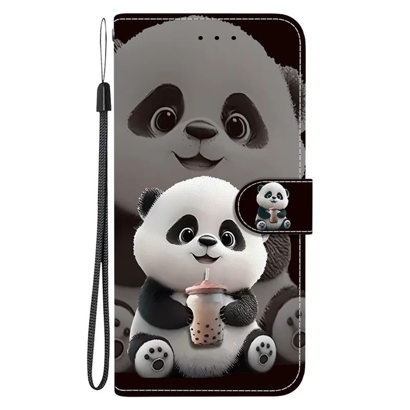 For iPhone Air Leather Case Stand Wallet Pattern Printing Phone Cover with Wrist Strap - Milk Tea Panda