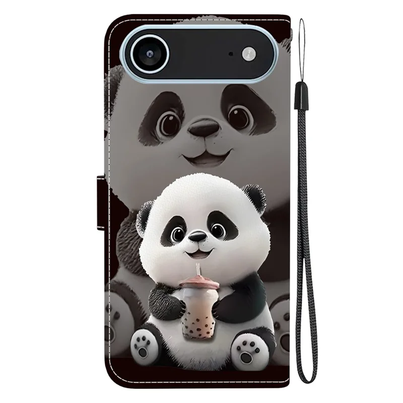 For iPhone Air Leather Case Stand Wallet Pattern Printing Phone Cover with Wrist Strap - Milk Tea Panda