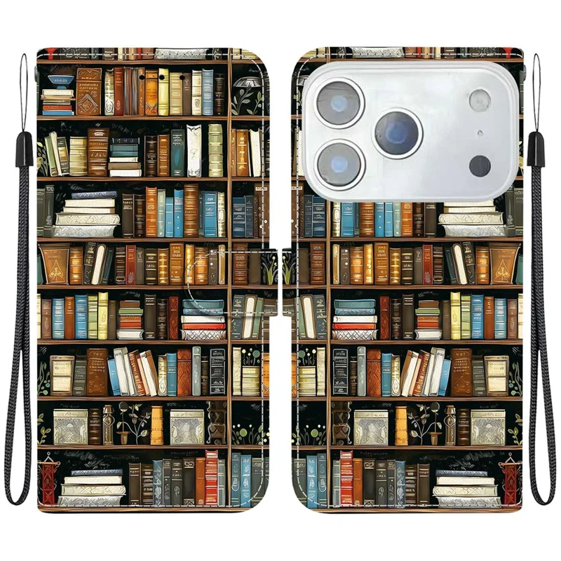 Per iPhone 17 Pro Custodia in pelle Stand Wallet Stampa a motivi Cover per telefono con cinturino da polso - Libreria