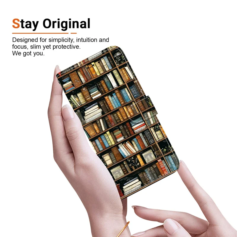 For iPhone 17 Pro Max Leather Case Stand Wallet Pattern Printing Phone Cover with Wrist Strap - Bookshelf
