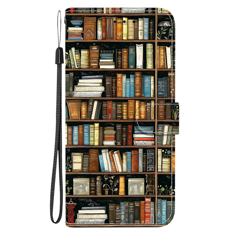 For iPhone 17 Pro Max Leather Case Stand Wallet Pattern Printing Phone Cover with Wrist Strap - Bookshelf