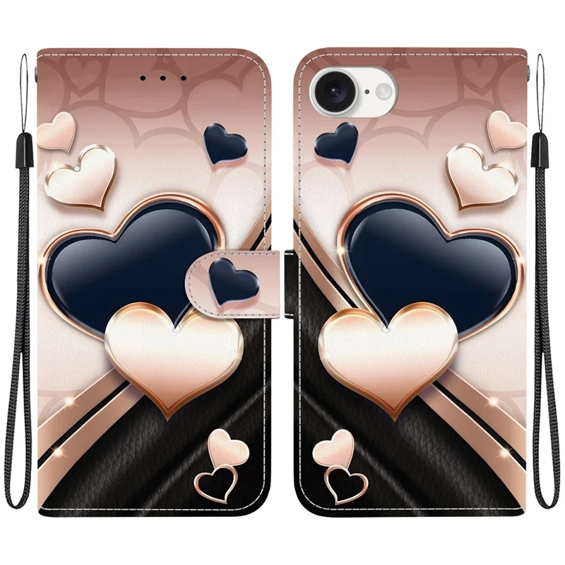 Étui en cuir avec support et portefeuille pour iPhone 16e - Motif imprimé avec dragonne - Amour