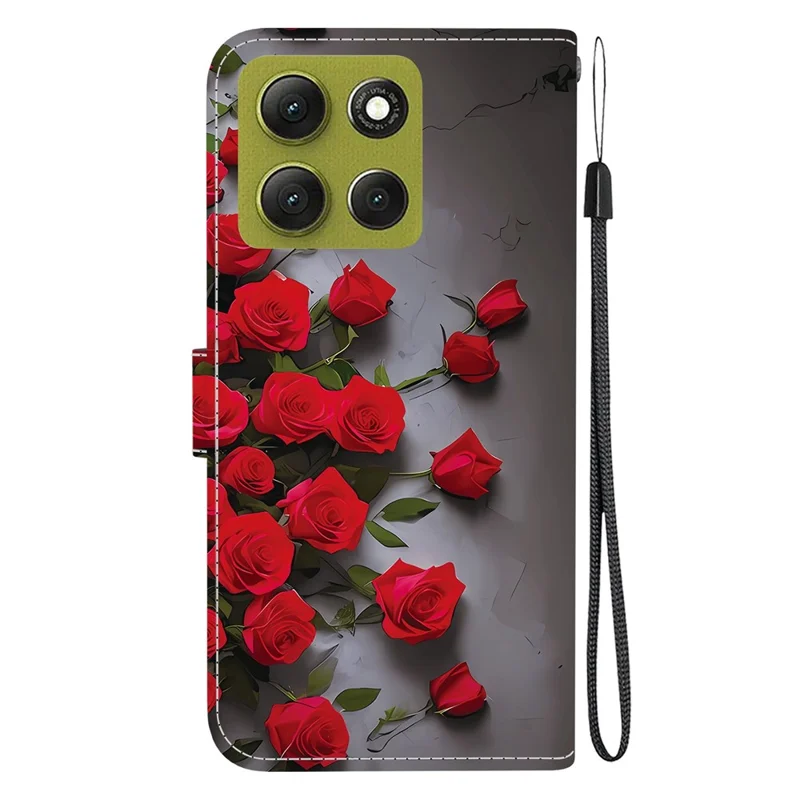 Funda de cuero con soporte y estampado para Motorola Moto G86 5G, con correa de muñeca - Rosa Roja