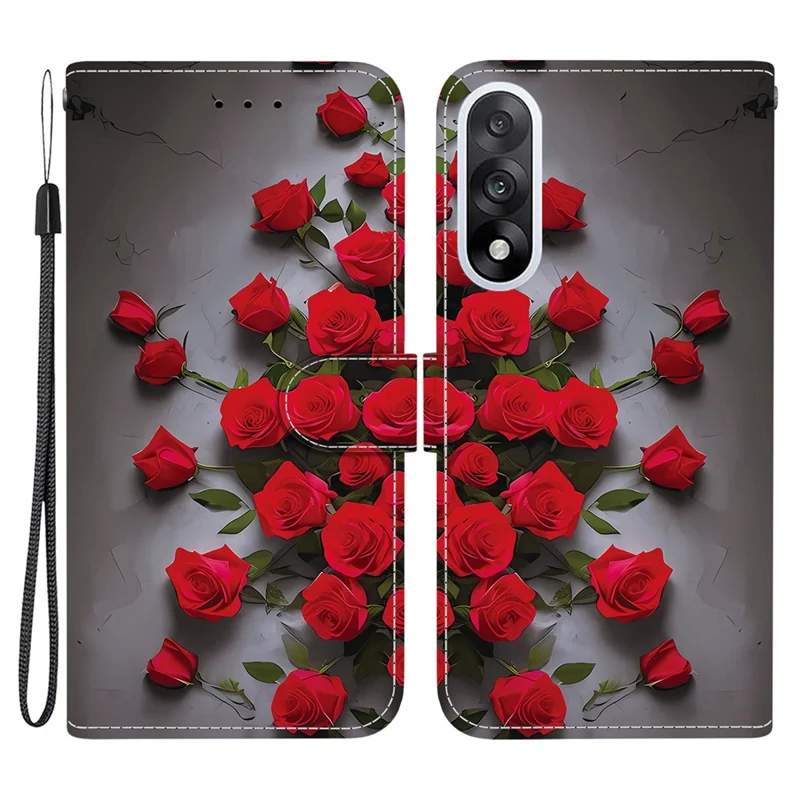 For OnePlus Nord 5 5G / Ace 5 Ultra 5G Leather Case Stand Wallet Pattern Printing Phone Cover with Wrist Strap - Red Rose