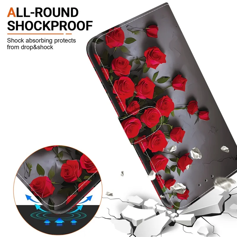For OnePlus Nord CE5 5G / Ace 5 Racing 5G Leather Case Stand Wallet Pattern Printing Phone Cover with Wrist Strap - Red Rose