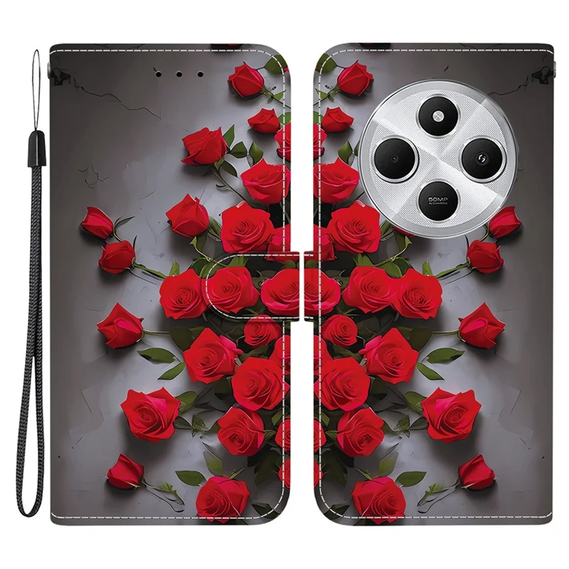 Funda de Cuero para Xiaomi Redmi 14C 4G con Soporte tipo Cartera, Estampado de Patrón y Correa de Muñeca - Rosa Rojo