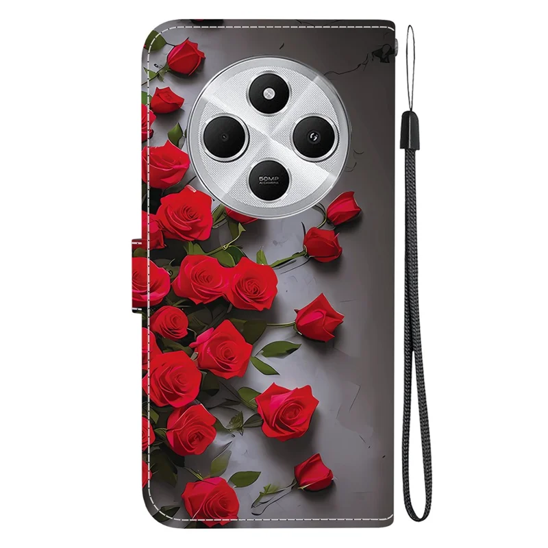 Funda de Cuero para Xiaomi Redmi 14C 4G con Soporte tipo Cartera, Estampado de Patrón y Correa de Muñeca - Rosa Rojo