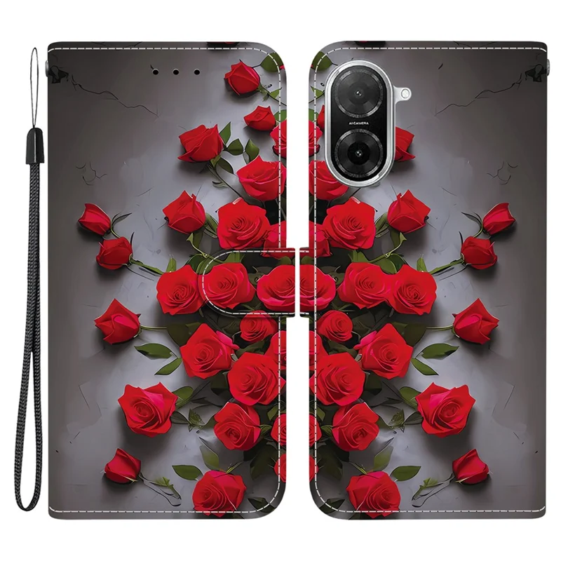 Für Xiaomi Redmi A5 NFC (EU) (173,45mm) Lederhülle Ständer Brieftasche Muster Druck Handyhülle mit Handgelenkschlaufe - Rote Rose