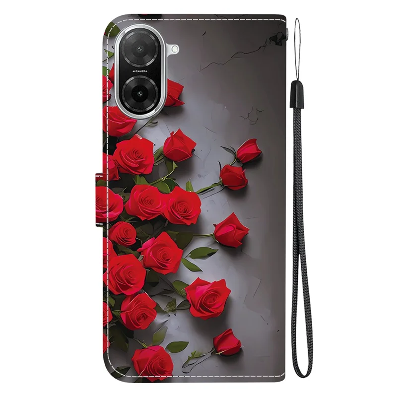 Für Xiaomi Redmi A5 NFC (EU) (173,45mm) Lederhülle Ständer Brieftasche Muster Druck Handyhülle mit Handgelenkschlaufe - Rote Rose